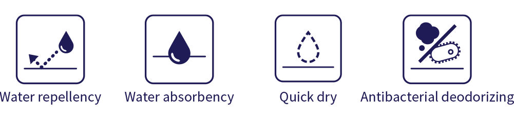 Water repellency,Water absorbency,Quick dry,Antibacterial deodorizing